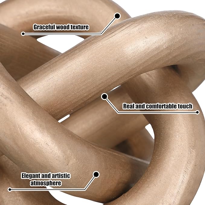 Yalikop 3 Link Wood Knot Decor - Hand Carved Coffee Table Decoration, Boho Chain Link Decor, Modern Shelf, Rustic Objects for Home Living Room Bedroom(Champagne)
