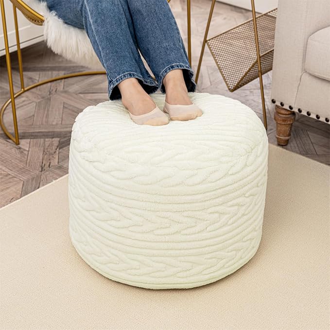 Round Pouf Ottoman 20 x 20 x 14 Inches Boho Poof Home Decor Floor Pouffe Ottoman Foot Rest for Couch Sofa Bean Bag Chairs Living Room Bedroom Cream White
