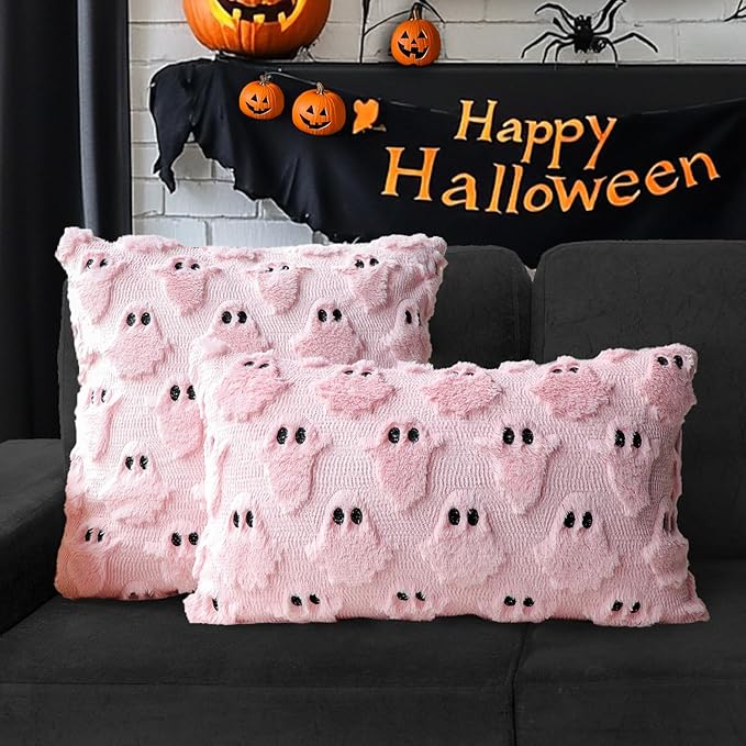 4TH Emotion Halloween Ghost Decorative Lumbar Pillow Covers 12x20 Set of 2, Pink Soft Plush Faux Fur Farmhouse Throw Cushion Cases for Fall Autumn Holiday Home Decorations