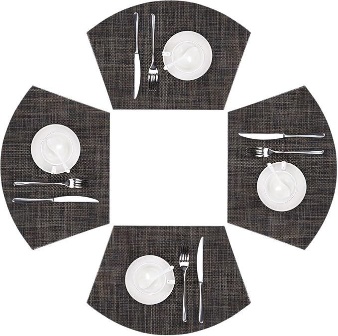 SHACOS Small Wedge Placemats Set of 4 Woven Vinyl Round Table Placemats Wipe Clean Round Table Mats Indoor Outdoor, Black Brown