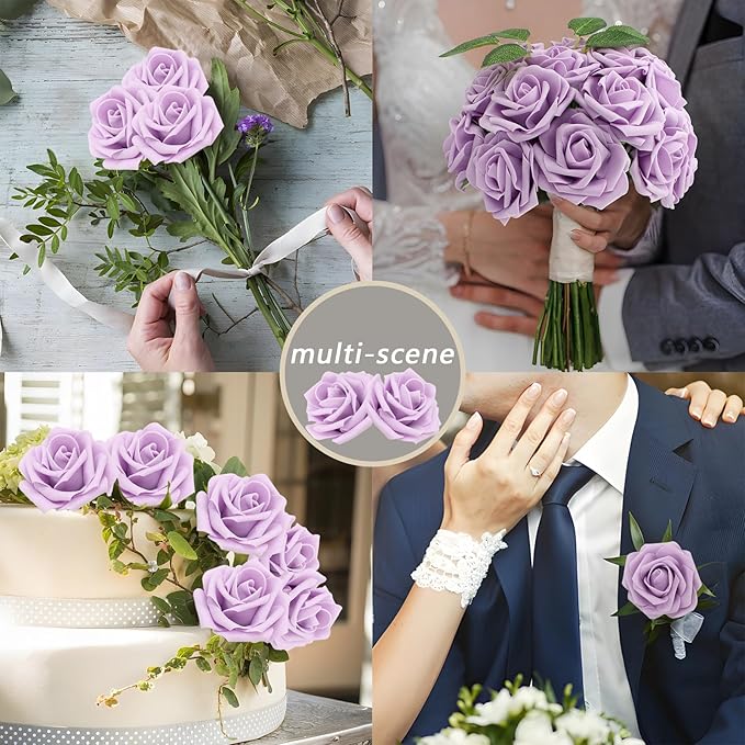 100PCS Light Purple Artificial Flowers Roses Real Looking Foam Fake Roses with Leaves for DIY Wedding Bouquets Bridal Shower Party Decorations (Lilac, 100)