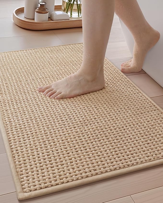 Color&Geometry Chenille Pile Small Bathroom Rugs Upgraded Denser, 16"x24" Non Slip Absorbent Beige Bath Mats for Bathroom Thin Fit Under Door, Washable Quick Dry
