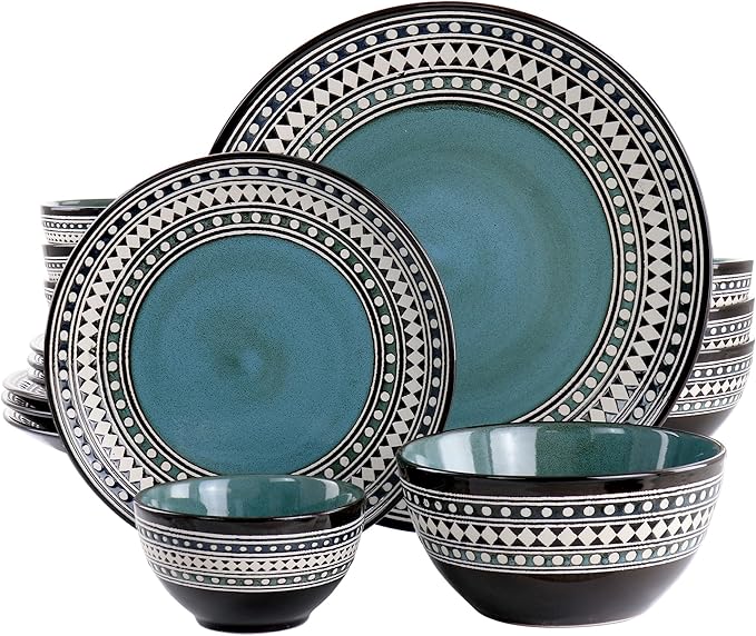Elama Blue Sage 16 Piece Double Bowl Stoneware Dinnerware Set in Blue