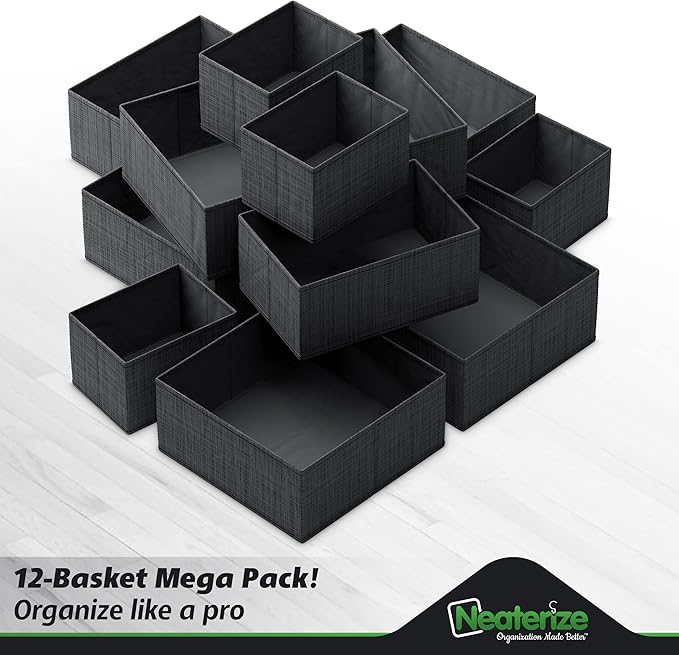 NEATERIZE Drawer Organizer Clothes Set of 12 Black - Dresser Organizer For Nursery, Bedroom, Closet