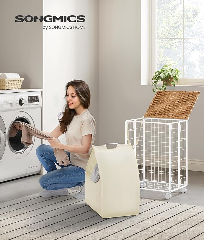 SONGMICS Laundry Hamper, 90L Laundry Basket with Lid, Clothes Hamper with Wheels, Collapsible Removable Liner Bag, Iron-Made Laundry Sorter, Natural Beige and Cream White ULCB290N01