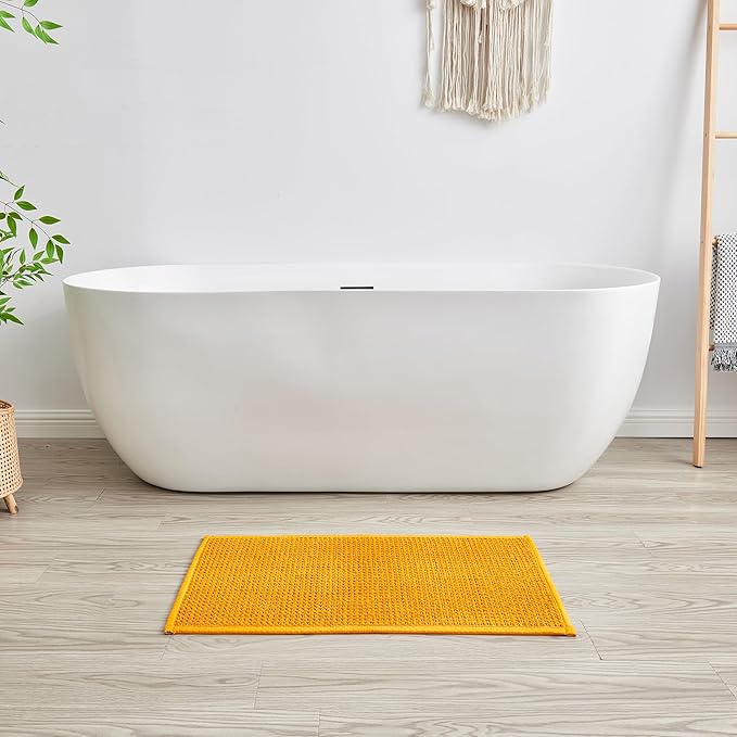 Douceur Chenille Waffle mat with Patented noslip Backing, Acrylic Blend Chenille Absorbent Bathroom Rugs, Cushioned mesh Backed Bath Rug Machine Washable, 18" x 32", Mustard Yellow