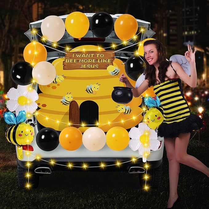 Halloween Trunk or Treat Car Decorations Kit - Halloween Car Decor with Bee Theme Banner, Balloons, Yellow String Lights, Halloweens Outdoor Decorations for Cars SUV Garage Door Entryway Archway