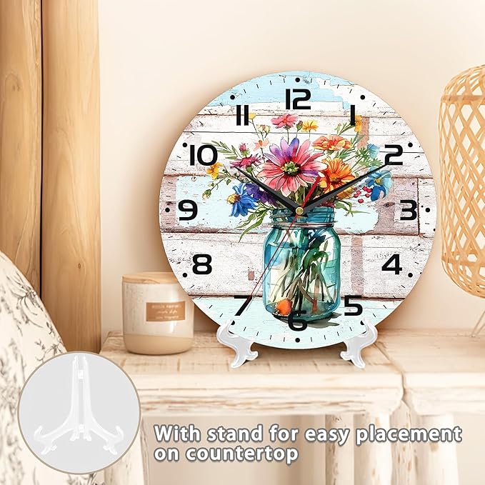 Watercolor Spring Flower Wall Clock, Vintage Wooden Silent Non-Ticking Battery Operated with Arabic Numerals, Decorative for Kitchen, Office, 10 Inch