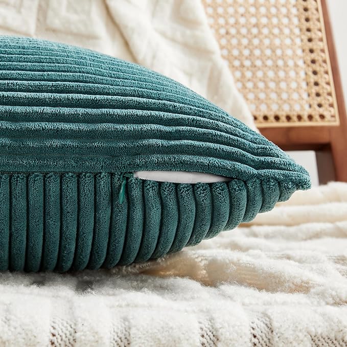 Fancy Homi 2 Packs Teal Long Lumbar Decorative Throw Pillow Covers 12x24 Inch for Couch Bed Sofa, Rustic Farmhouse Boho Home Decor, Soft Striped Corduroy Rectangle Accent Cushion Case 30x60 cm