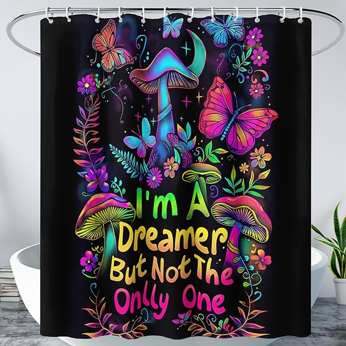 AILONEN Mushroom Shower Curtain,Colorful Butterfly Flower Decoration,Polyester Fabric,Waterproof,Botanical Fungus Plants Black Bath Curtains Washable,with 12 Plastic Hooks, 48" W x 72" H