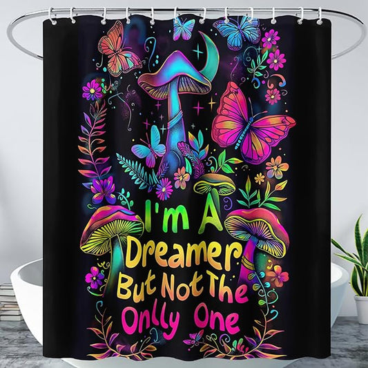 AILONEN Mushroom Shower Curtain,Colorful Butterfly Flower Decoration,Polyester Fabric,Waterproof,Botanical Fungus Plants Black Bath Curtains Washable,with 12 Plastic Hooks, 48" W x 72" H