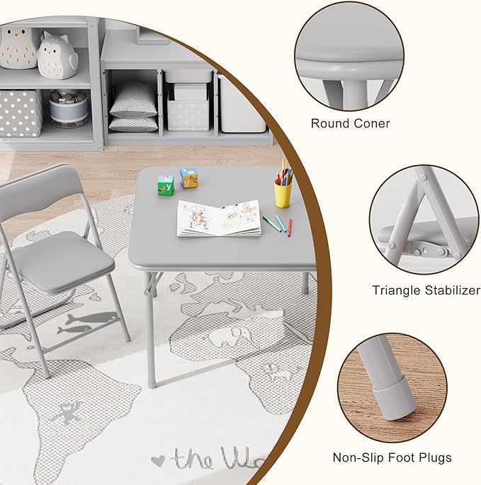 GAOMON Boys and Girls Folding Table and Chairs Set of 3, Portable Table and Chair with Pu Soft Cushion, No Installation Required, Suitable for Eating, Reading and Playing