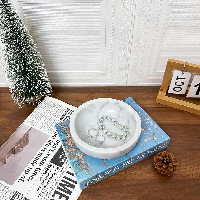 Small Decorative White Marble Bowl, 5.9 inches,Natural Stone Round Bowl for Home Decor, Fruit, Nuts, Jewelry tray,Coffee Tables Centerpiece, Soap Serving (White-small)