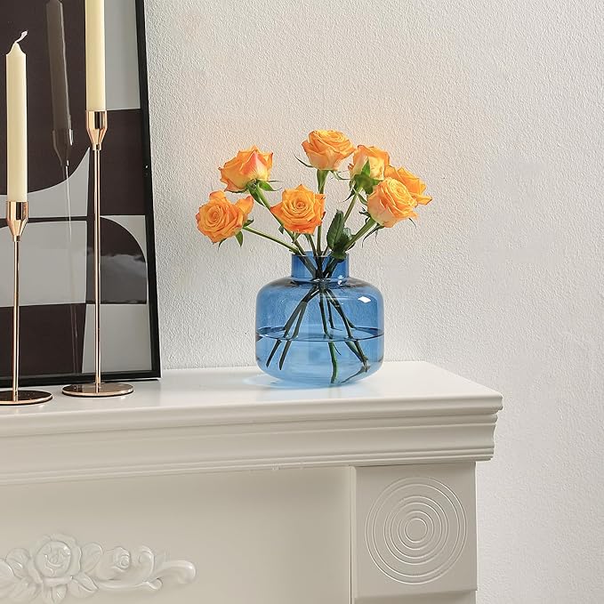Blue Glass Vase, Short Flower Vase, Round Glass Vases for Flowers, 6 Inch Small Glass Vases for Living Room, Dining Table, Wedding, Bookshelf, Office, Coffee Table