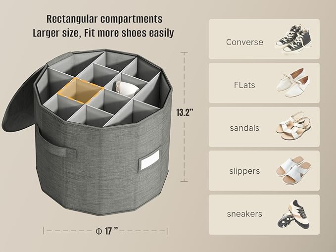 Vailando Shoe Organizer for Closet - Cylindrical Shoe Storage Organizer with Removable Dividers, Rectangular Compartment, Foldable, Gray, 1-Pack