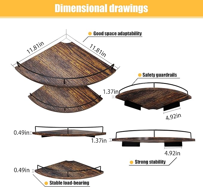 Corner Floating Shelves, Rustic Brown Wood, Set of 2, Wall Mount Storage with Guardrail for Bathroom Kitchen Living Room