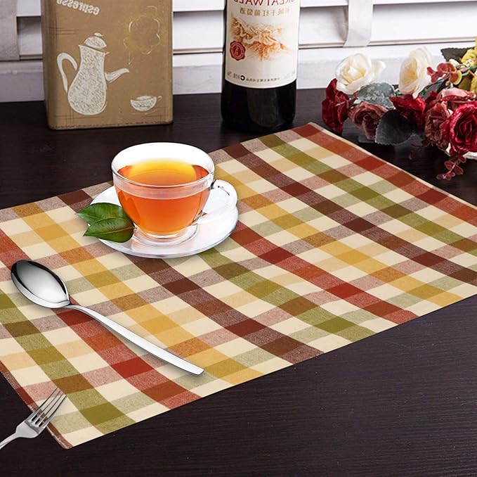 Urban Villa HarvestPlacemats for Dining Set of 6 Over Sized 14''x 20'' Buffalo Check Plaid 100% Cotton Thanks Giving Placemats FallPlacemats Everyday Use Heavier Quality