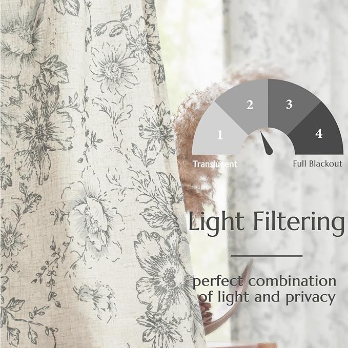 jinchan Lined Linen Blend Curtain Floral Curtains for Living Room 84 Inches Long Grey Peony Flower Printed Curtain Back Tab Farmhouse Patterned Drapes Bedroom Window Curtains Set 2 Panels