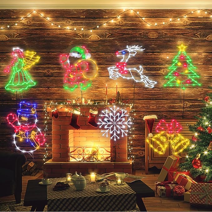 16“ Christmas Window Silhouette Lights Decorations - 4 Pack Colour Lighted Christmas Tree & Snowflake & Snowman & Santa for Holiday Indoor and Outdoor Wall Door Window Decorate