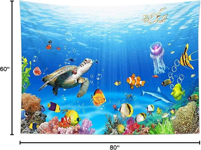 HVEST Sea Turtle Tapestry Tropical Fish Jellyfish and Coral Reef Under Blue Sea Wall Hanging Blanket Ocean Tapestries for Bedroom Living Room Dorm Decor,80Wx60H inches