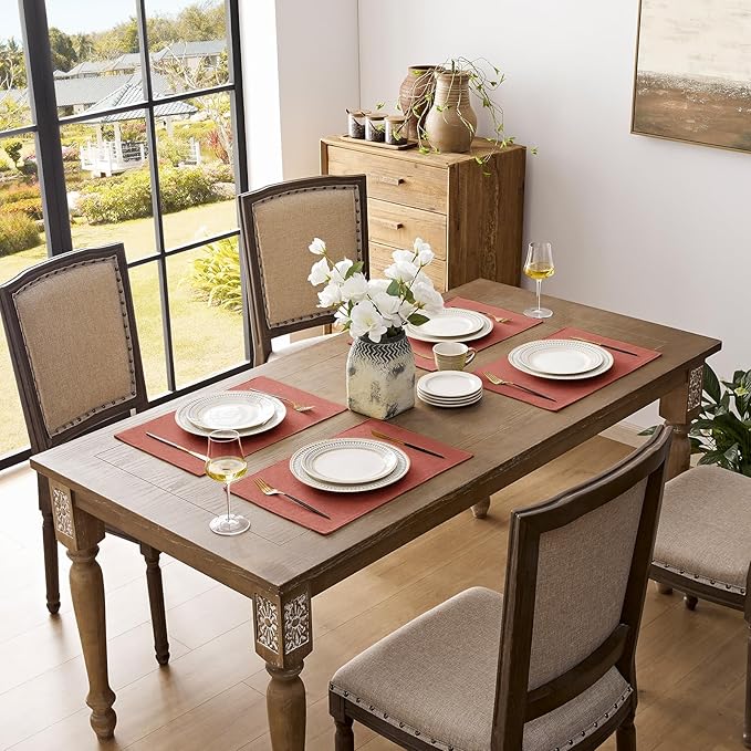 Romanstile Cloth Placemats Set of 6-12 x 18 Inch, Heat Resistant Double Layered Thickened Burlap Fall Place Mats, Washable Faux Linen Farmhouse Table Mats for Kitchen/Dining/Party/Outdoor, Orange