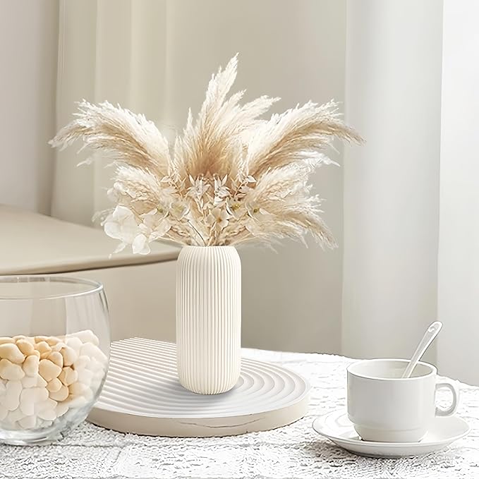 White Ceramic Vase for Flowers, Tall Home Decor Vase with Ribbed Texture, Vases for Centerpieces, Farmhouse Decor, Living Room, Christmas Decor Bedroom, Table, and Kitchen Shelf (10.2 in)
