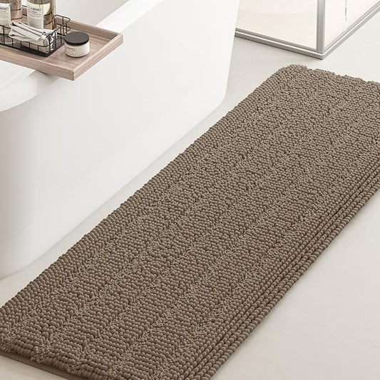 ACCUMTEK Striped Dark Beige Bathroom Rug Mat 44"x24" Ultra Soft, Non Slip Chenille Bath Rugs, Absorbent Plush Shaggy Bath Mats for Bathroom, Bedroom, Kitchen, Shower, Tub,Taupe