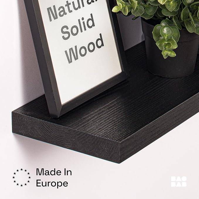 BAOBAB WORKSHOP Wood Floating Shelves for Bathroom Wall - Black Shelf 16 inch - Solid Wood Shelves for Wall for Bedroom Kitchen Living Room - Black Floating Shelves - 16 x 6.7 Inch, Set of 2