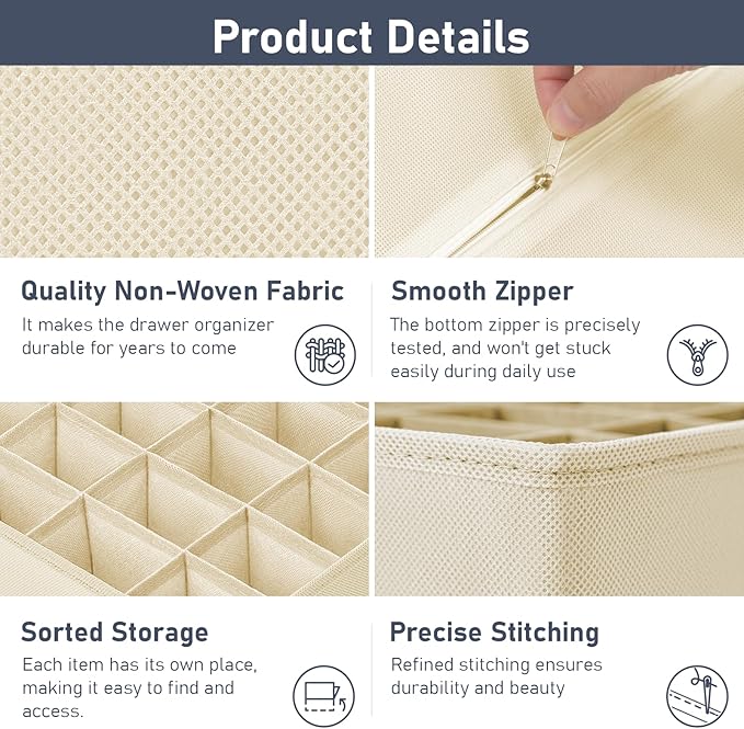 Joyoldelf Sock Drawer Organizer Divider 2 Packs Underwear Organizer, 24 Cell + 16 Cell Closet Organizers and Storage Sock Holders Organizers for Storing Socks, Handkerchiefs, Ties, Belts (Beige)