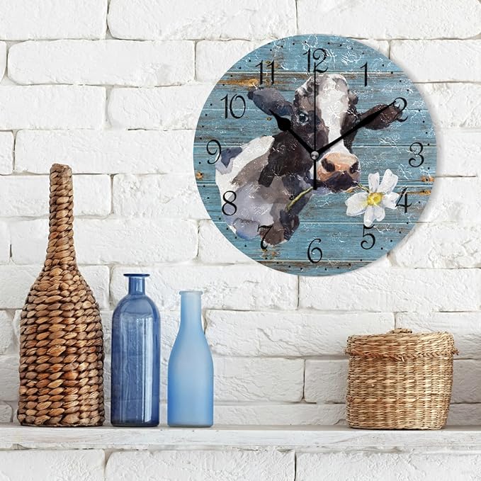 ALAZA Farmhouse Cow Wall Clock 10 Inch Battery Operated Silent Non Ticking Rustic Clock Home Decor for Kitchen, Living Room, Bedroom, Office