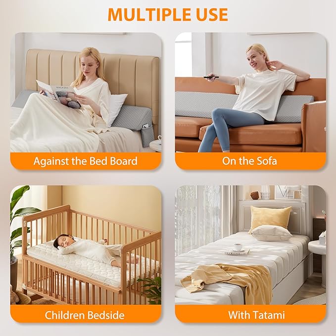 Queen Bed Wedge Pillow for Headboard, Bed Gap Filler, Mattress Gap Filler Queen, Fill The Gap (0-7") Between Headboard and Mattress (Grey, 60"x10"x6")