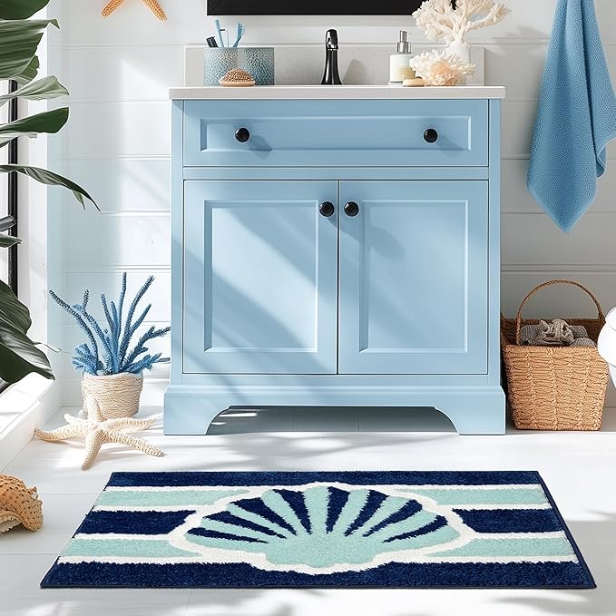 Navy Blue Beach Bathroom Rugs Non Slip Washable Cute Coastal Bath Mats Rugs for Bathroom Floor Nautical Fluffy Plush Soft Absorbent Farmhouse Carpet for Shower, Tub, 20x32 inch