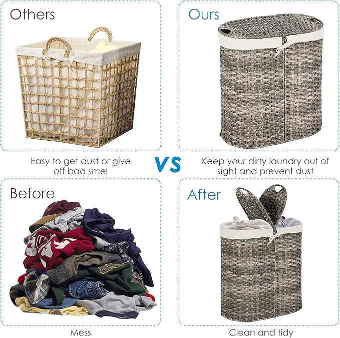 MAT EXPERT Rattan Laundry Hampers, Laundry Baskets with 2 Detachable Canvas Bags, Divided Laundry Hamper with Lids & Handles, Handwoven Oval Landry Bin, Clothes Hamper for Laundry Room/Bedroom (Grey)