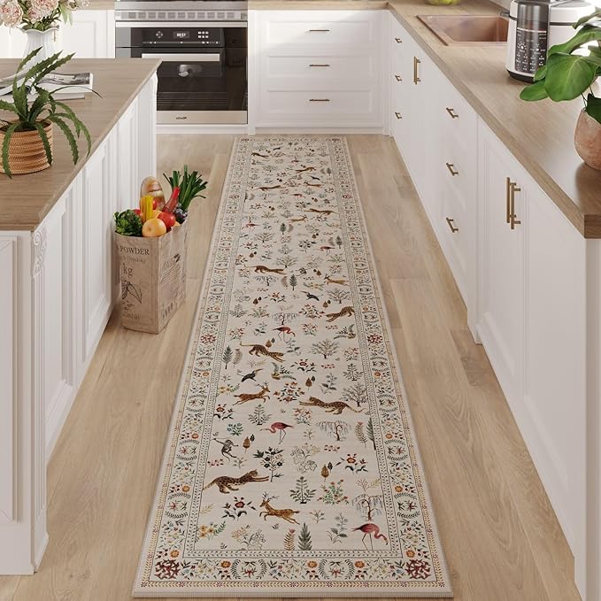 Runners for Kitchen Runner Rug Non Slip 2'x10' Long Washable Rugs with Rubber Backing Soft Floral Animal Carpet Runner for Kitchen, Laundry, Bedroom, Bathroom (Beige)