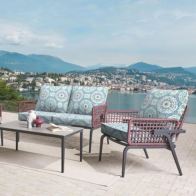 LVTXIII Outdoor Deep Seat Cushion Patio Seat and Back Cushion Set Seasonal Chair Cushion with Removable Cover and Adjustable Buckle for Home and Garden, 24"x24"x4", Delancey Lagoon