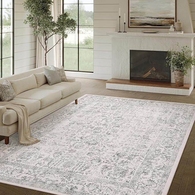 Gray Area Rug 8x10 Machine Washable Large Vintage Living Room Distressed Non Slip Carpet Traditional Indoor Bedroom Grey Retro Floral Accent Throw Rug for Office Kitchen Dining Room