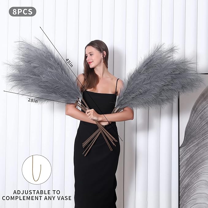 8 Pcs 45 inch Tall Faux Pampas Grass Decor, Large Artificial Grey Pompous Grass Bulk, Long Fake Pompas for Floor Vase Filler, Wedding, Baby Shower, Home and Boho Decor (Grey)