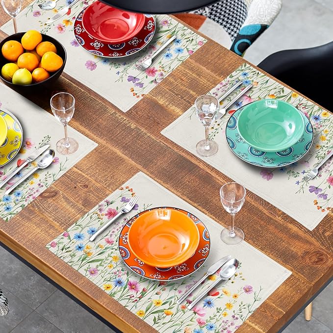 Giwawa 4PCs Spring Floral Placemats Summer Wildflowers Place Mat 12x18 Inch Watercolor Herb Flowers Washable Heat Resistant Table Mats for Kitchen Dining Party Picnic Seasonal Decor