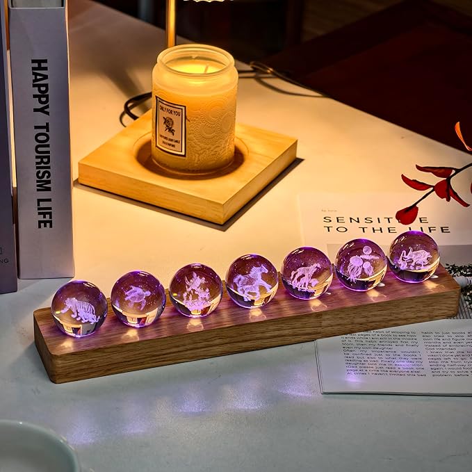 7 Glass Laser Balls with LED Wooden Base 3D Crystal for Mother Son Theme Lights Up as Night Light for Room Decoration, Gifts for Women - Healing Spheres for Meditation in Home Office on Mothers Day