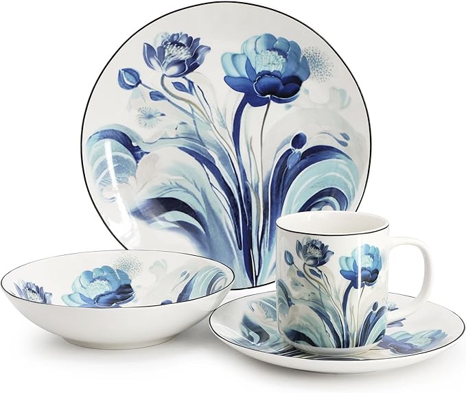 Elama Peony Garden 16 Piece Abstract Floral Round Porcelain Dinnerware Set, Tableware Set, Serveware Set (Peony Garden)