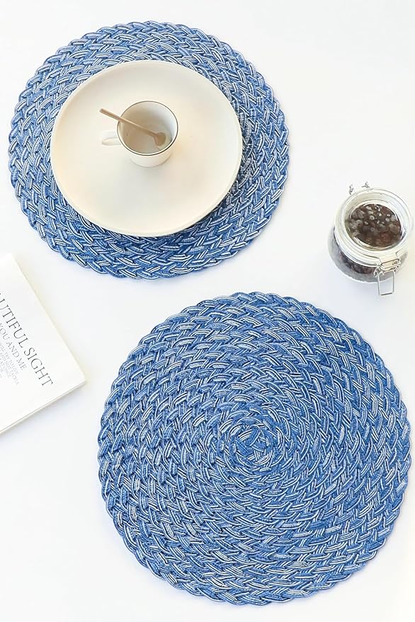 Floroom 15 Inch Round Braided Placemats Set of 6, Washable Heat Resistant Cotton Polyester Circle Boho Place Mats for Kitchen Dining Table - Seascape Blue