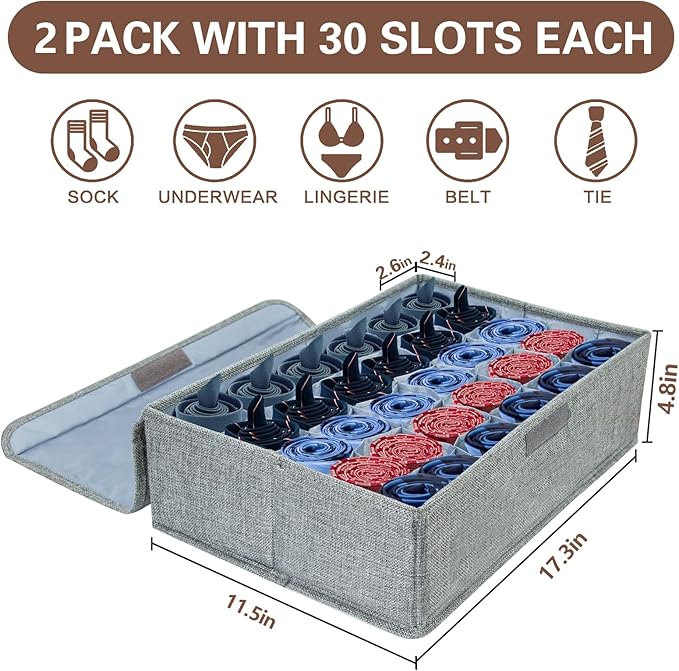 PINGMIC Gray Sock Organizer Divider 2 Pack with Lid - 30 Cell Foldable Closet Storage, Tie Organizer For Men Boxes for Socks, Ties, Belts 0