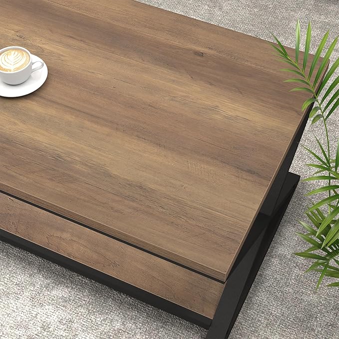 HSH Rustic Farmhouse Coffee Table, Modern Minimalist Wood and Metal Living Room Table, 2 Tie Rectangle Center Table with Storage & Display Shelf, Simple Office Cocktail Tea Table, Rustic Oak, 39 Inch