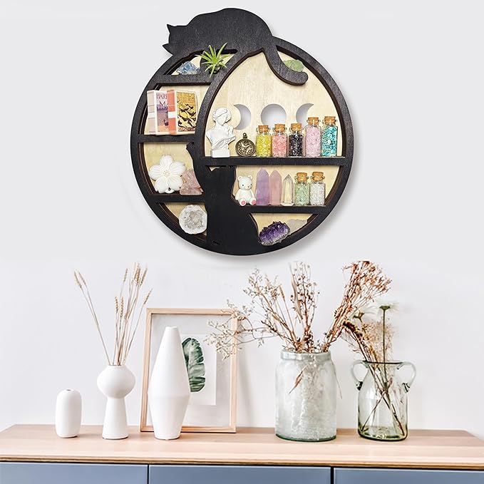 Cats on The Moon Crystal Display Shelf, Wooden Hanging Floating Shelf, Crescent Moon Phase Shelf Stones Essential Oil Organizer Rock Storage Gem Holder Wood Gothic Witchy Boho Home Wall Decor