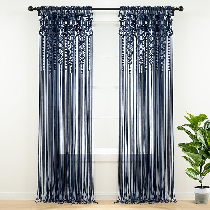 Lush Decor Boho Macrame Textured Cotton Window Curtain Panel, Single Panel, 40" W x 84" L, Navy - Doorway Curtain - Room Divider, Wedding Or Wall Decor - Boho Curtain - Macrame Curtains for Windows