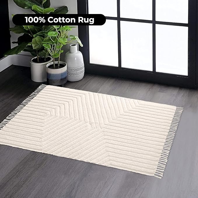 Boho Bathroom Rug 2' x 3', Washable Hand-Woven Tufted Cotton Rug with Tassels for Entryway, Foyer, Bedroom, or Kitchen - Pestal Linen