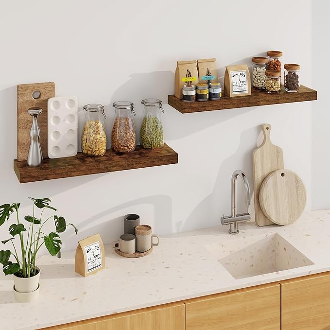Fun Memories Floating Shelves for Wall, 32Inch Floating Shelves Set of 2, Hanging Shelf with Invisible Brackets, Wood Shelves for Living Room, Bedroom, Kitchen, Brown