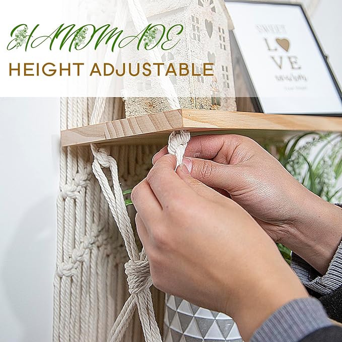 jontell Macrame Wall Hanging Shelf- Macrame Shelves Handmade Decorative Floating Boho Shelf-Plant Shelf Display Rack to Organize and Decor for Living Room, Bedroom, Bathroom