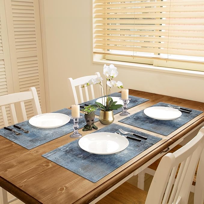 Emvency Farmhouse Placemats Set of 4, 12x18 Inch Modern Abstract Art Painting Denim Blue Table Mats for Outdoor Home Party Kitchen Dining Decoration