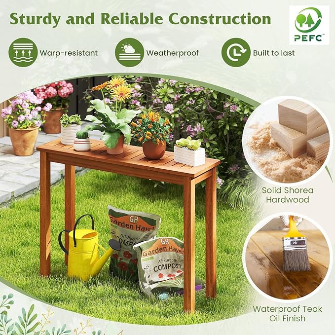 Tangkula Wooden Plant Stand, Outdoor Indoor Solid Wood Flower Pot Holder Display Shelf with Teak Oil Finish, Slatted Top, Rustic Plant Rack for Patio Garden Entryway Porch